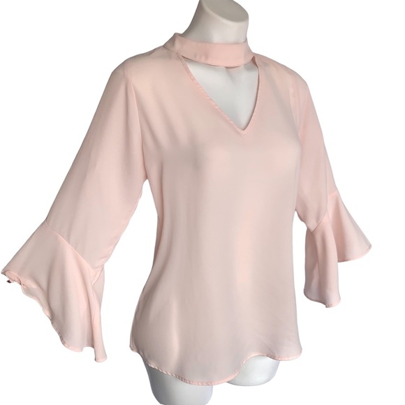 Veronica M. Cut Out Choker Style Blush Bell Sleeve Blouse - Picture 2 of 11